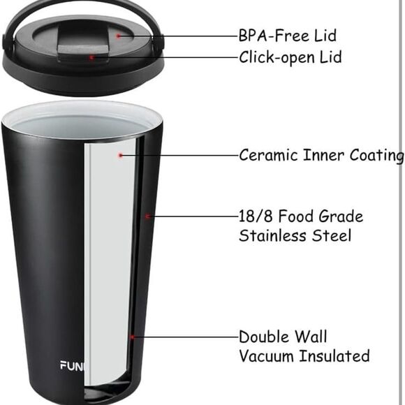 Funkrin insulated ceramic double wal coffee mug 16 OZ with flyp lid & handle NWT - Picture 10 of 12